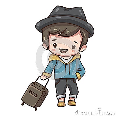 Cartoon tourist with travel case. Vector Illustration